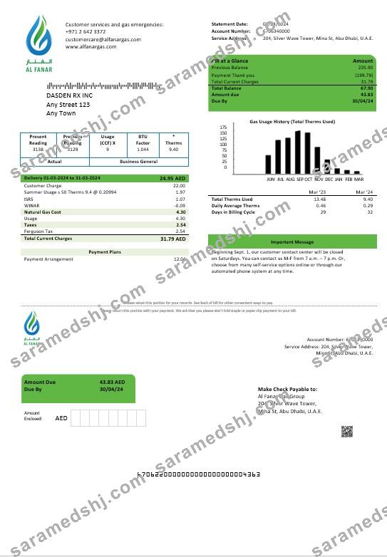 UAE Al Fanar Gas Group business utility bill template in Word and PDF formats